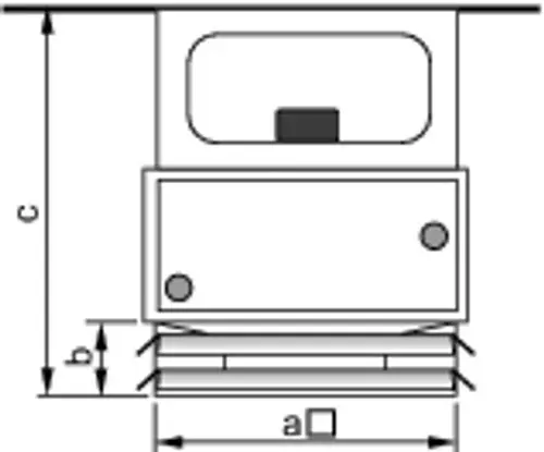 Vierseitenausblas für Luftheizer, gezeigt in technischer Zeichnung. Visualisierung der Konstruktion mit Maßen und Montageelementen. Gehörend zur Marke Wolf.